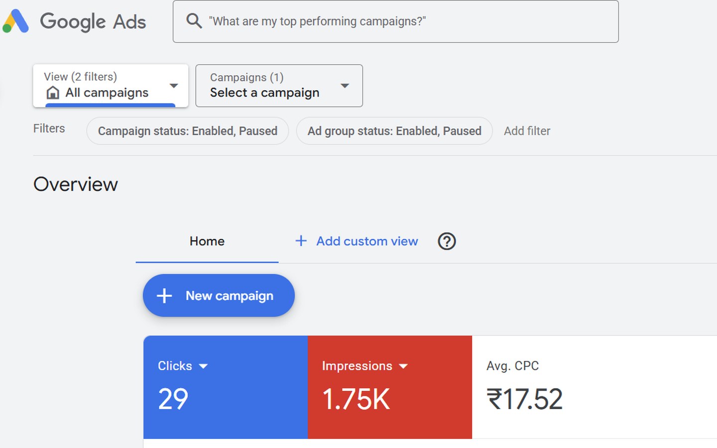 Google Ads overview showing 29 clicks and 1.75K impressions for the campaign